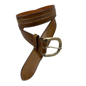 Vtg Lucchese Leather Belt Mens 36 Tan Gold Buckle Western Cowboy Dress 1.25in